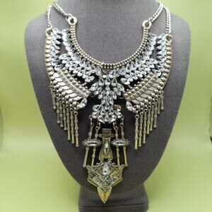Bohemian Silver Tone Rhinestone Statement Necklace Tribal Bib 20" Layer Jewelry